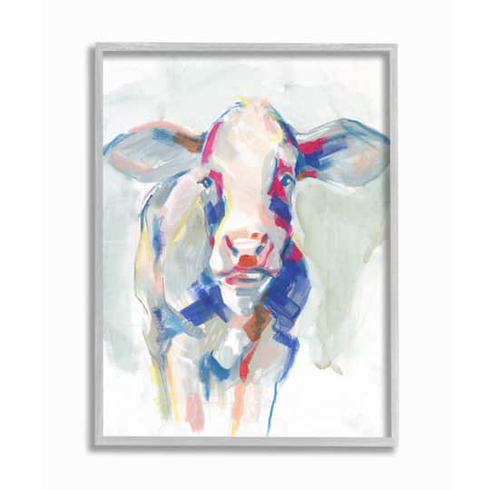 Stupell Industries Colorful Cow Animal Painting with Gray Frame Wall Accent